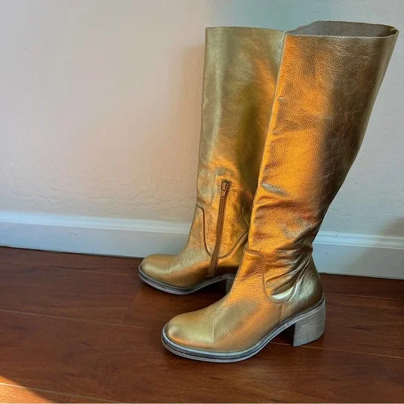 Free People Gold Essential Slouch Knee High Block Heel Boots Womens 37 - Picture 2 of 13
